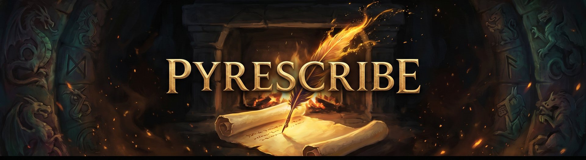 PYRESCRIBE — the channel name in ornate gold lettering beside a flaming quill, a burning hearth and an open scroll.